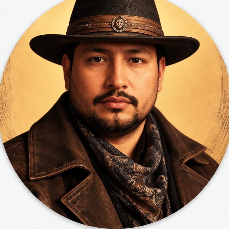 The Elite One in a wide-brim hat with a lion medallion, leather duster and paisley bandana
